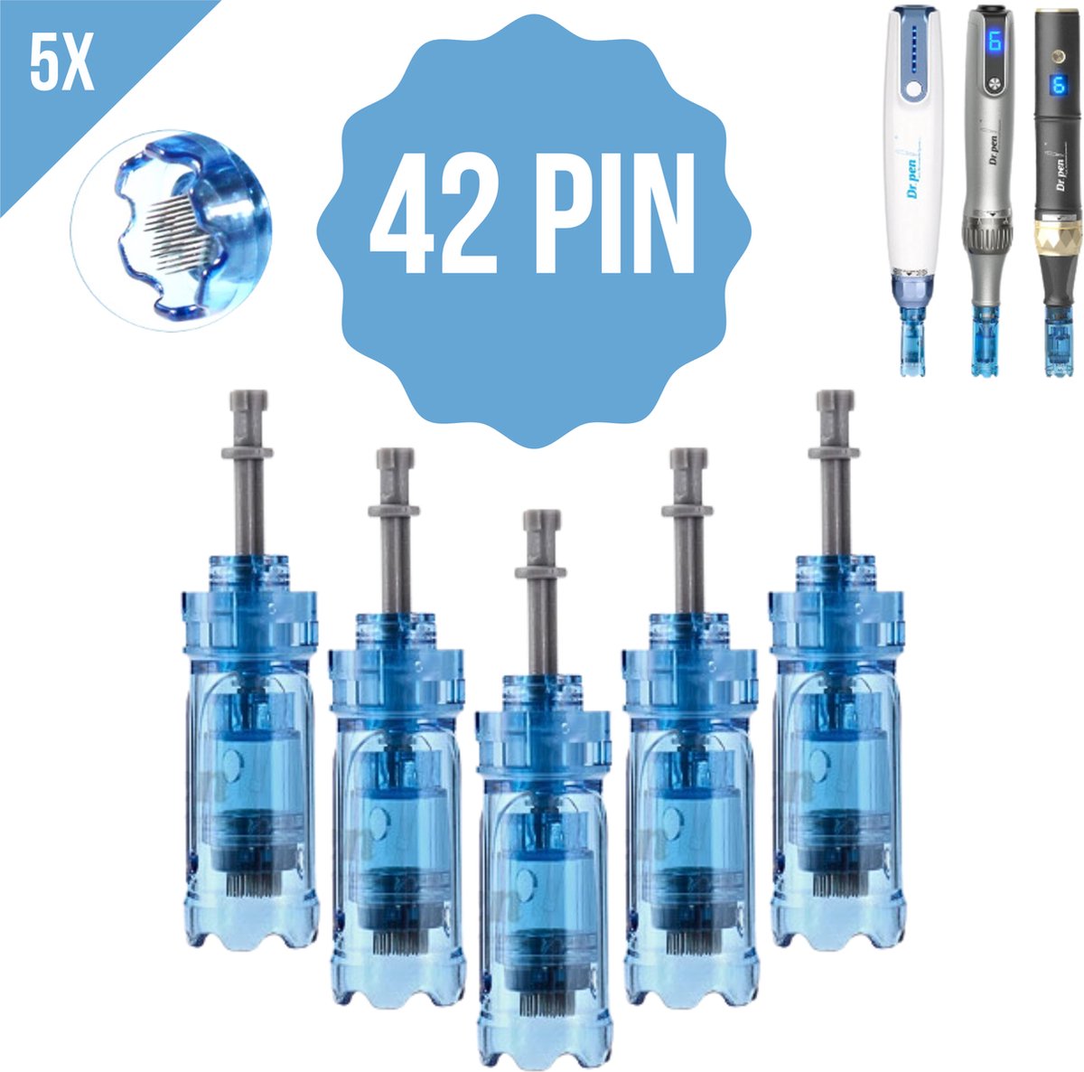 Dermapen naalden - 42 pin - Voor Dr.Pen M8S, A8S en A9 - Microneedling cartidges - Vervangende naaldkoppen - Opzetstuk dermapen - Anti-aging - Huidverzorging - ENKEL GESCHIKT VOOR DR.PEN M8S, A8S en A9 - 5 stuks + Sprayflesje 50 ml per bestelling