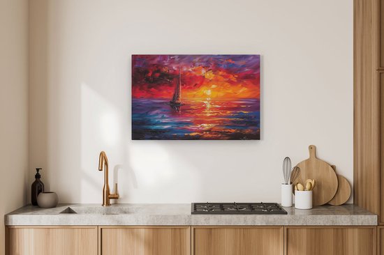 Artaza Canvas Schilderij Zeilboot in het Water bij Zonsondergang - 90x60 - Wanddecoratie - Foto Op Canvas - Canvas Print