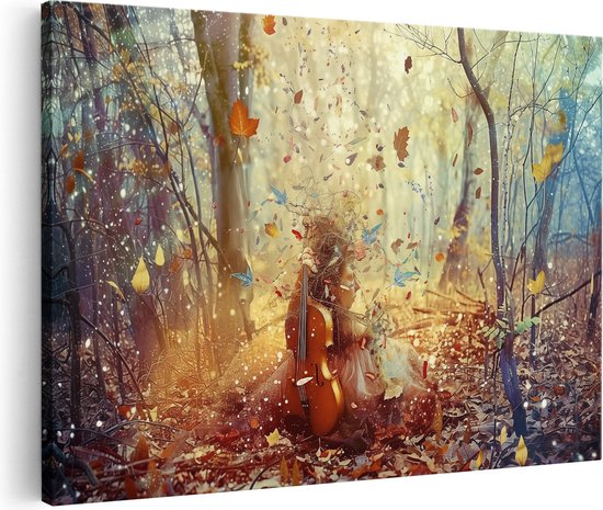 Artaza Canvas Schilderij Meisje speelt Cello in het Bos - 90x60 - Wanddecoratie - Foto Op Canvas - Canvas Print