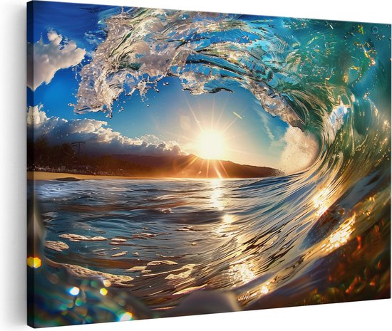 Artaza Canvas Schilderij De Zon schijnt door een Golf in de Oceaan - 120x80 - Groot - Foto Op Canvas - Canvas Print