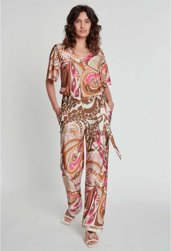 LZPCarra Jumpsuit dames zomer elegant korte mouwen overall pak met bindriem voor bruiloft en business, beige, XL