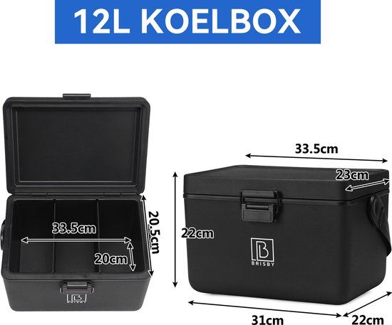 Brisby Glacière - Frigo box - Glacière - Voiture - Légère - Boîte à pain - 12L - 2 éléments de refroidissement gratuits de 450 ml chacun - Incl. Séparateurs Planches à découper - Ouvre-bière - Ouvre-bouteille - Max. Isolation 40 heures - Zwart