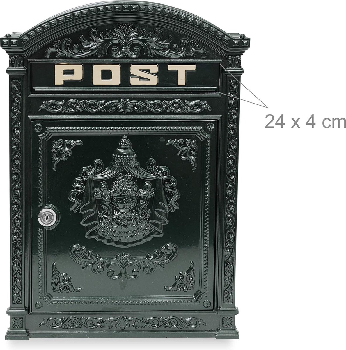 Brievenbus antieke Engelse muurbrievenbus van gegoten aluminium met brede brievengleuf voor DIN A4 enveloppen HBT: 44,5 x 31 x 9,5 cm nostalgische brievenbus met rond dak, groen
