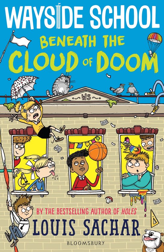 Boekomslag met de titel "Wayside School Beneath the Cloud of Doom" in grote letters, met illustraties van kinderen en dieren.