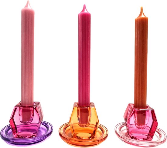 Cactula glazen kandelaars set van 3 in verschillende vormen en kleuren met bijpassende kaarsen Pia