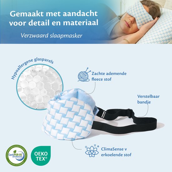 Gedetailleerd blauw geweven slaapmasker met hypoallergene glasparels en verstelbare band.