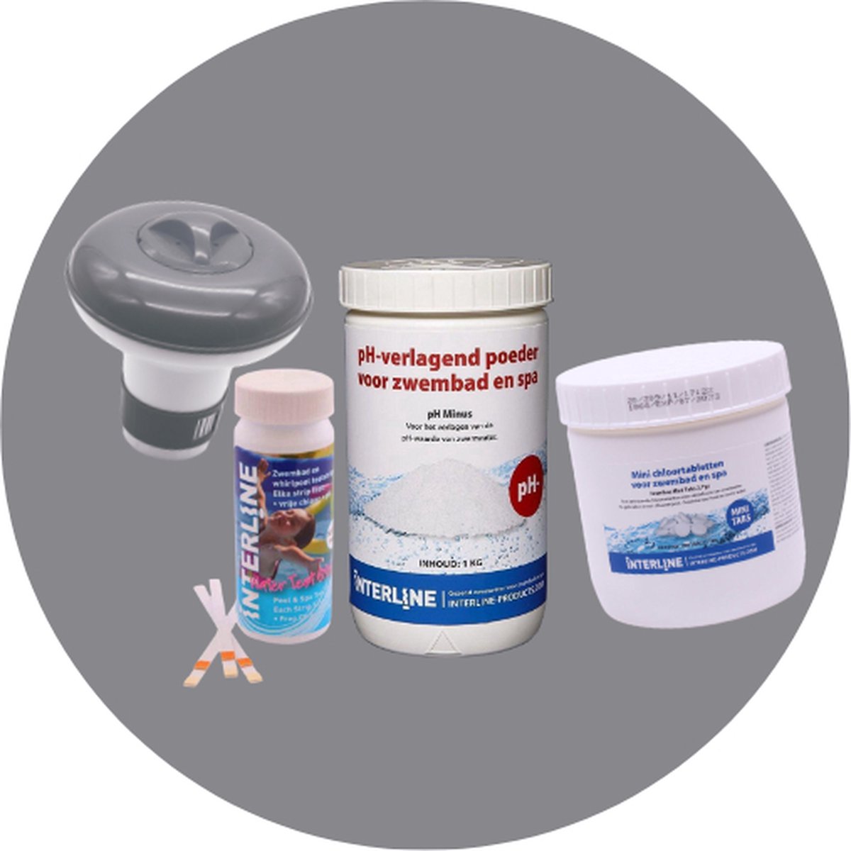 Zwembad chloor set Interline (PH minus, Mini quick, Teststrips, chloordrijver)