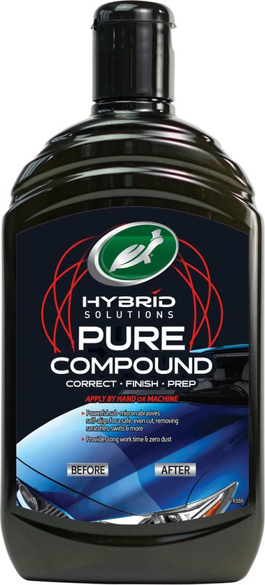 Bouteille noire de Turtle Wax Hybrid Solutions Pure Compound avec une étiquette indiquant "AVANT" et "APRÈS" avec une image de voiture.