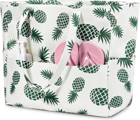 Grote strandtas met ananas - Groen/wit - Schoudertas voor volwassenen - 43 x 38 x 15 - Waterdicht, verdikt, scheurvast - Handtas met ritssluiting - 8 vakken - Zwemtas, sporttas, grote shopper, badtas - Ananassen, ananasjes - Grote capaciteit - 45 L