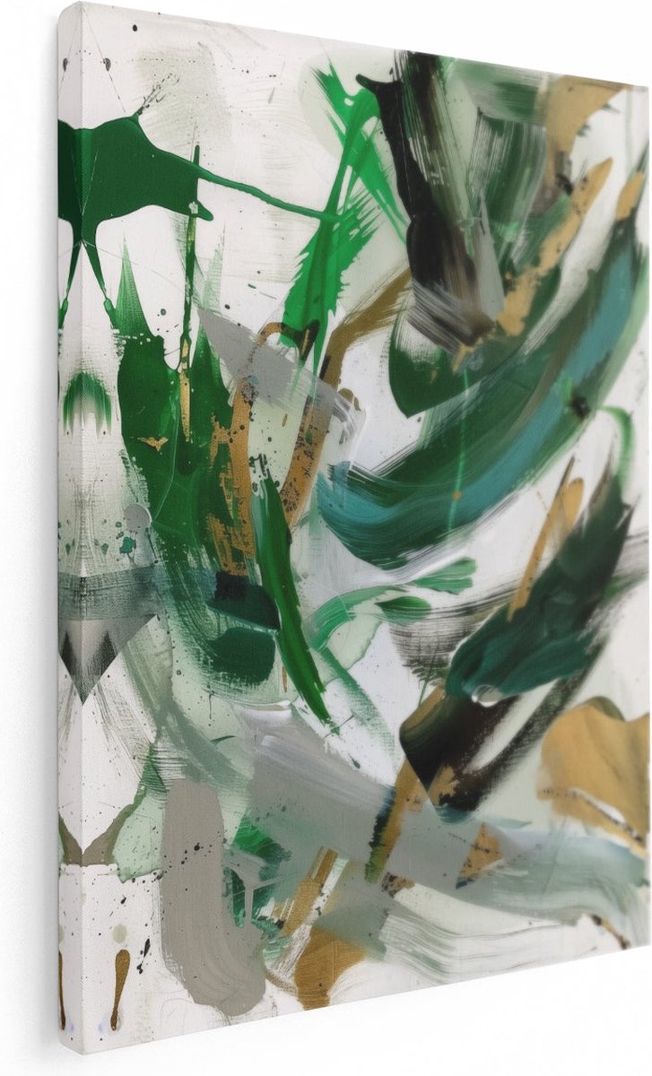 Artaza Canvas Schilderij Abstract Kunstwerk met Groene en Gouden Verf - 30x40 cm - Klein - Wanddecoratie Woonkamer - Schilderijen - Muurdecoratie