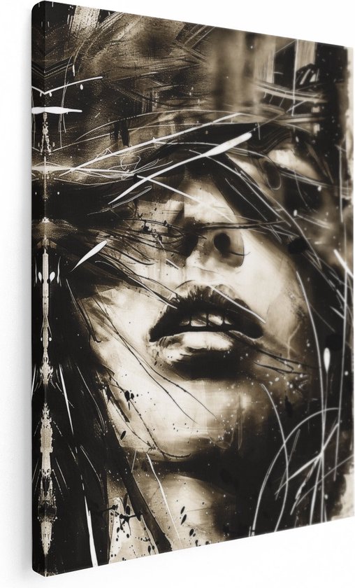 Artaza Canvas Schilderij Zwart Wit Kunstwerk van het Gezicht van een Vrouw - 60x80 - Muurdecoratie - Foto Op Canvas - Canvas Print