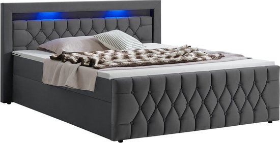 Juskys Boxspringbed Leona - 140 x 200 cm - Grijs - Incl. LED verlichting