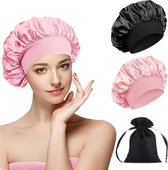 Satijnen Slaapmuts - 2 stuks - Roze en Zwart - Inclusief Luxe Opbergzakje - Satijnen Bonnet - Satijn - Haarverzorging