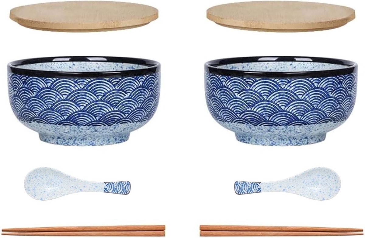 Grote Japanse Ramen Bowl Soepkom met Deksel en Lepel Vintage Keramische Salade Kom 900 ml Set van 2 Schalen set