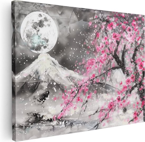 Artaza Canvas Schilderij Kunstwerk van Kersenbloesems en een Volle Maan - 80x60 - Muurdecoratie - Foto Op Canvas - Canvas Print