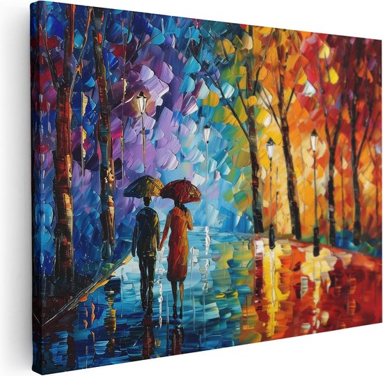 Artaza Canvas Schilderij Twee Mensen Lopen met Parasols in de Regen - 40x30 - Klein - Foto Op Canvas - Canvas Print