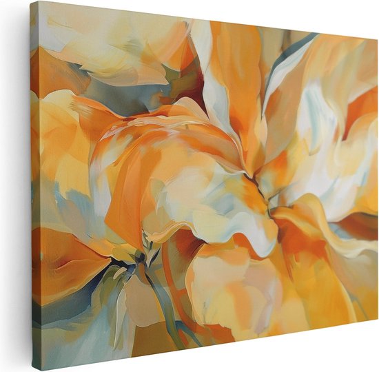 Abstract schilderij van oranje en gele bloemen met blauwe accenten, op canvas.