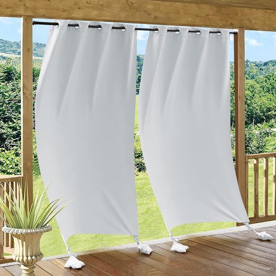 Winddicht buitengordijn 2 panelen ondoorzichtig waterdicht met gewichtszakken warmtebescherming voor terras/terras 132 x 243 cm grijs/wit - Zonnescherm, isolatie