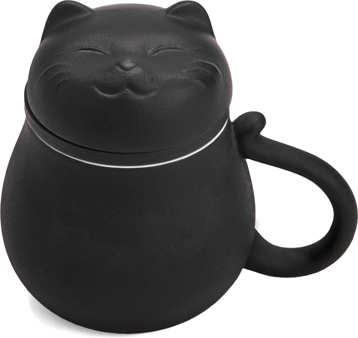 Keramische theekop met theezeef en deksel (330 ml), theemok met schattig kattendesign, filter voor het inweken van losse bladeren, cadeau voor vakantie, verjaardag, warm huis (zwart)