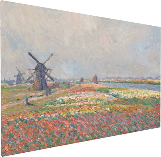 Monet in Holland Schilderij Tulpen en Molen - Bloembollenvelden bij Rijnsburg - Molens en Bloemen - Holland van Vroeger Print op Canvas Doek - 90x60 cm