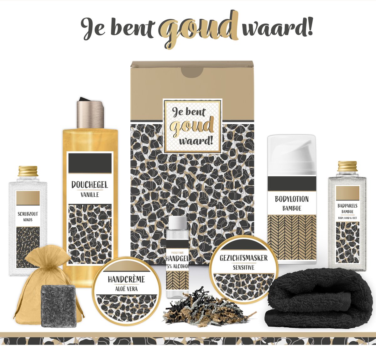 Goedkoopste Geschenkset “Je bent goud waard!” - 9 producten - 750 gram | Luxe Cadeaubox voor haar - Wellness Pakket Vrouw - Giftset Vriendin - Cadeaupakket Collega Vrijwilliger Zorg - Cadeau Verjaardag - Moeder Moederdag - Kerstpakket Kerst Cadeau - Panter Goud