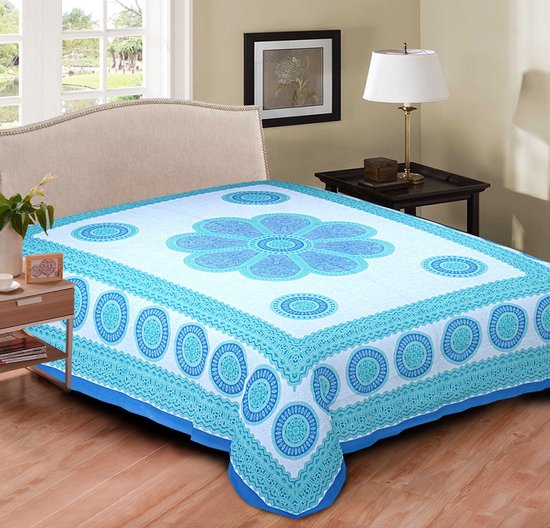 2 persoons sprei - Duurzaam katoen/polyester - dunne sprei - dun laken - Turquoise/wit/blauw - Mandala - zomer deken