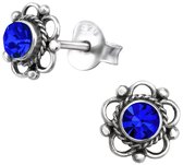 Joy|S - Zilveren Bali bloem oorbellen - 7 mm - blauw kristal - geoxideerd