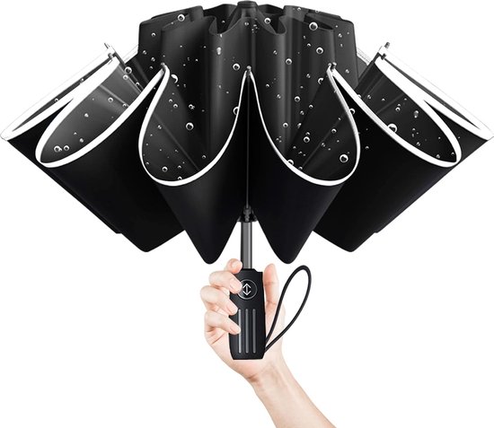 Paraplu omgekeerd met 10 ribben, stormvast, groot, automatisch open, winddicht, waterdicht, voor dames en heren, golfparaplu, opvouwbare paraplu met reflecterende strepen