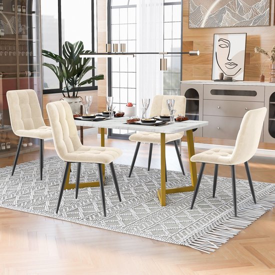 Sweiko 117cm Eettafel met 4-stoelen set, rechthoekige eettafel moderne keuken tafel set, eetkamer stoel Beige fluweel keuken stoel, gouden tafel benen