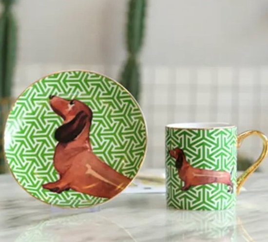 Teckel - assiette - chien - porcelaine - assiette petit-déjeuner - vert - or - imprimé teckel