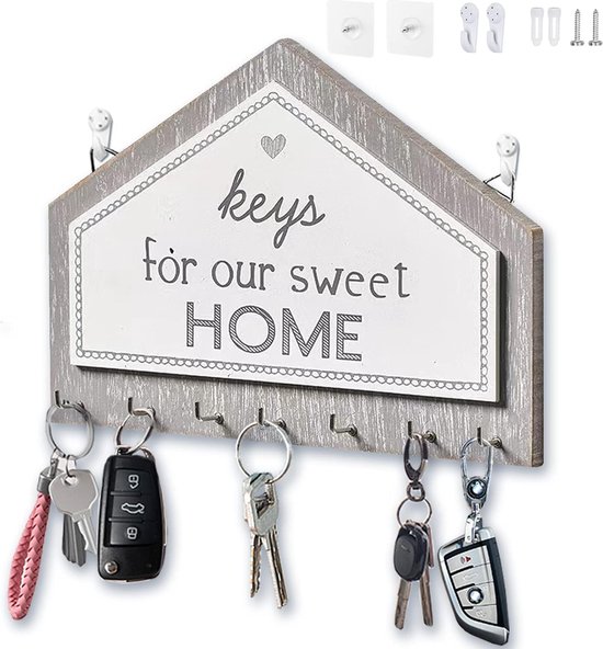 Porte clés en bois 7 crochets - autocollant ou percé - porte clés mural - gris