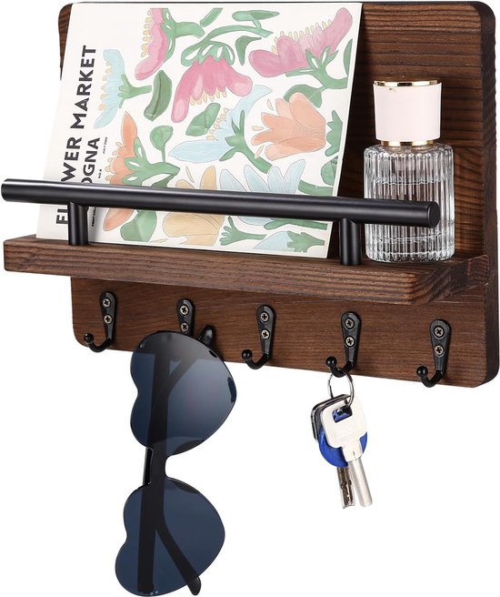 Sleutelrek en brievenhouder van hout met 5 sleutelhaken - Wandrek voor sleutelplank en postorganisatie