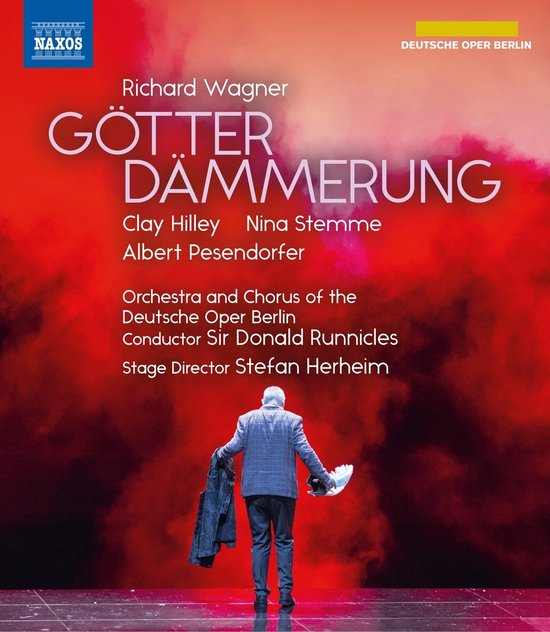 Richard Wagner Götterdämmerung poster met dirigent Sir Donald Runnicles en solisten, rode achtergrond met tekst.