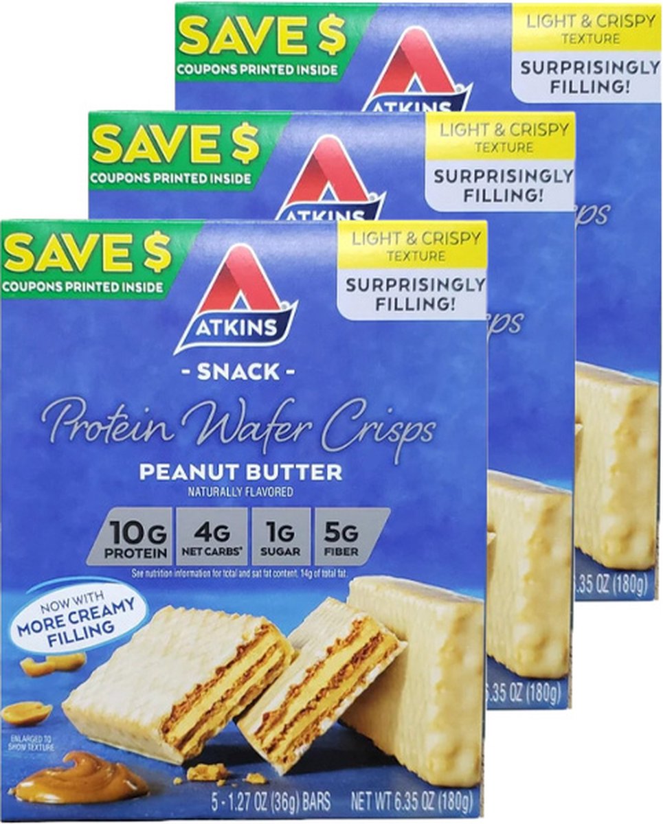 Atkins | Protein Wafer Crisps | Peanut Butter | Doos | 3 stuks | 3 x 36g