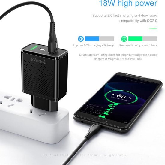 DrPhone HALO 18W Qualcom 3.0 Quick Charge Thuislader - Adapter - Snel Lader met Intelligente LED indicator – Wit - DrPhone