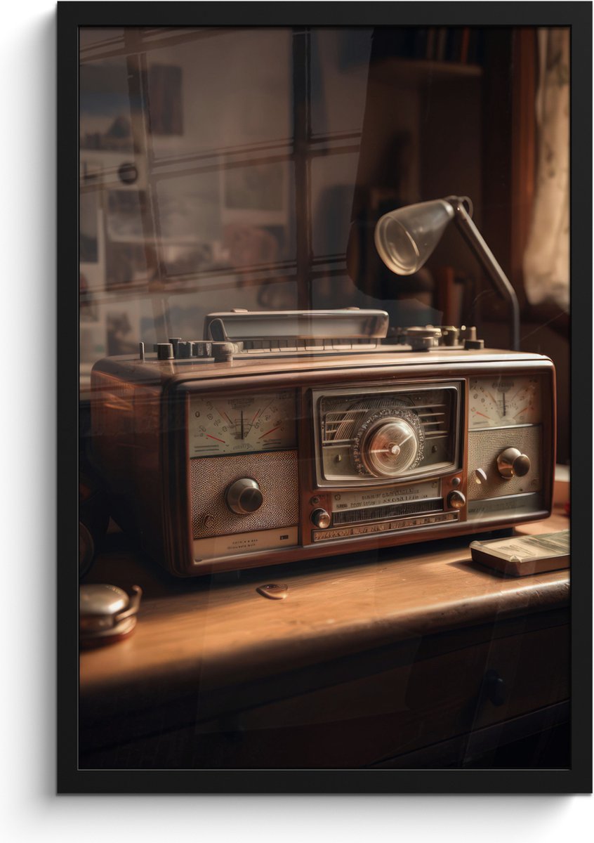 FrameYourWall Poster in lijst - Fotolijst 40x60 cm - Posters - Vintage - Radio - Oud - Bureau - Lamp - Posterlijst zwart - Decoratie - Wanddecoratie woonkamer - Muurdecoratie slaapkamer