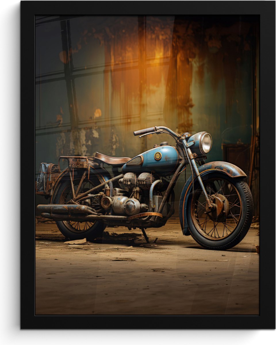 FrameYourWall Poster in lijst - Fotolijst 30x40 cm - Posters - Vintage - Motor - Blauw - Oud - Garage - Posterlijst zwart - Decoratie - Wanddecoratie woonkamer - Muurdecoratie slaapkamer