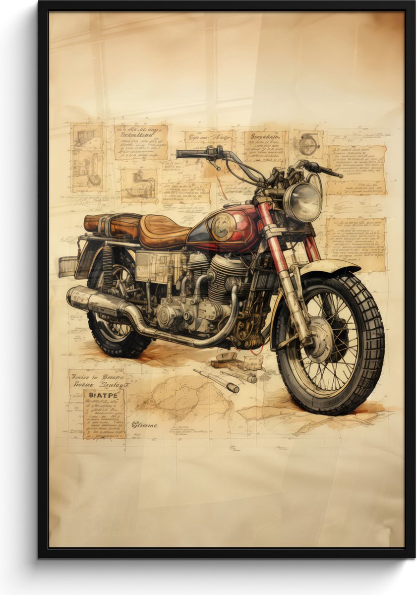 FrameYourWall Poster in lijst - Fotolijst 80x120 cm - Posters - Vintage - Motor - Papier - Voertuig - Posterlijst zwart - Decoratie - Wanddecoratie woonkamer - Muurdecoratie slaapkamer Motorfiets