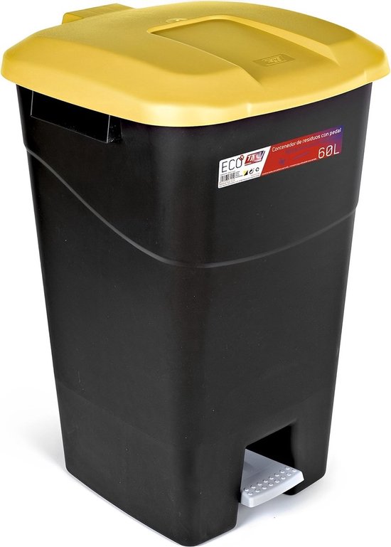 "GEEL" Afvalcontainer 60 liter met pedaal, zwarte bodem en geel deksel