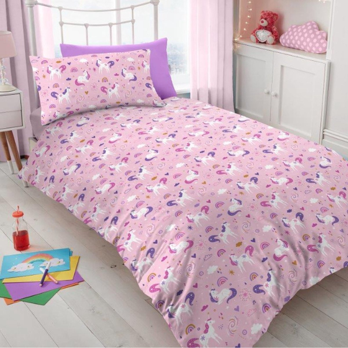 Kinderdekbedovertrek Unicorn - roze - Eenhoorn dekbed - eenpersoons - geschikt voor 140 x 200 cm.
