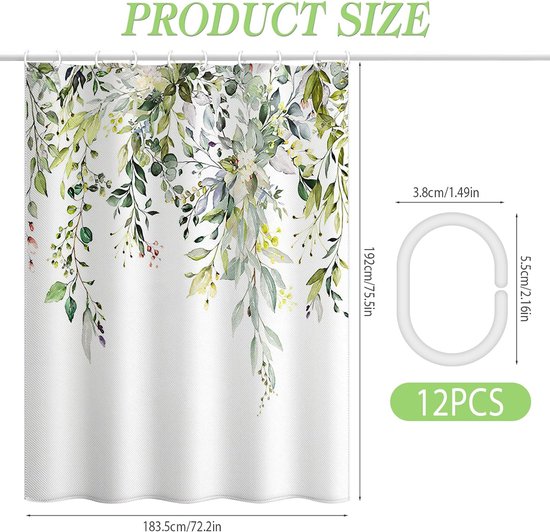 Uiiooazy Douchegordijn eucalyptus, plantenmotief, groene bladeren, anti-schimmel, waterdicht, polyesterstof, wasbaar, ondoorzichtig, badgordijn met 8 haken voor badkamer, 120 x 200 cm (b x h