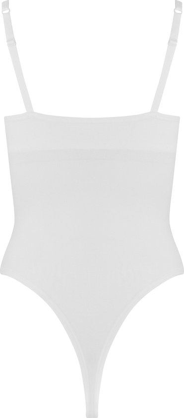 Wit stringbody met vierkante hals en verstelbare bandjes, voorkant.