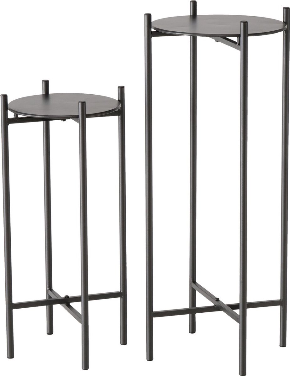 Boltze Bijzet tafel- Plantentafel Hoogte: 65-50cm Rond: Ø24-28cm. 2 set Smeedijzer Metaal Grijs zwart