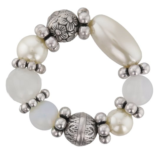 Behave - Armband - Elastische met grote beige en witte parels parels.