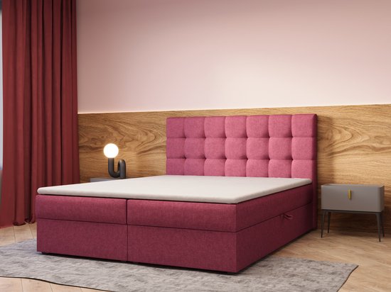 Continentaal bed, boxspringbed, bed met bedkast, Bonell-matras en topper, tweepersoonsbed - Boxspringbed 05 (Roze - Hugo 15, 180x200 cm)