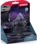 Schaduwwolf uit de Eldrador Creatures collectie, in verpakking met paarse kristallen, rode ogen en open bek.