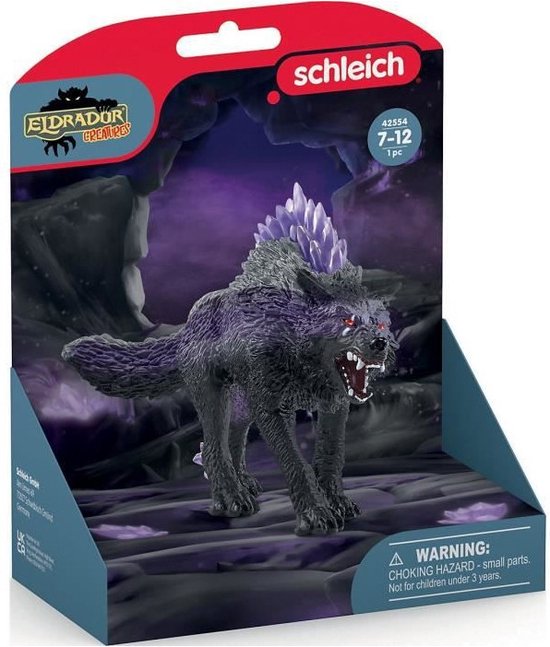 Schaduwwolf uit de Eldrador Creatures collectie, in verpakking met paarse kristallen, rode ogen en open bek.