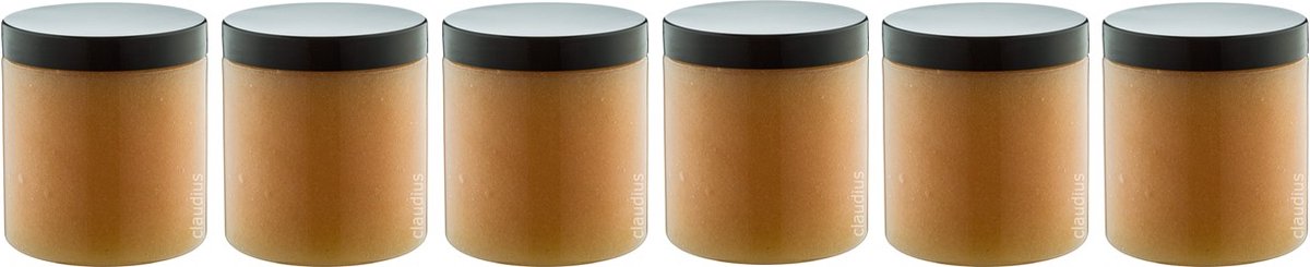 Goedkoopste Luxe Verzorgende Bodyscrub-Gel Honey - 400 gram - Pot met zwarte deksel - set van 6 stuks - Hydraterende Lichaamsscrub