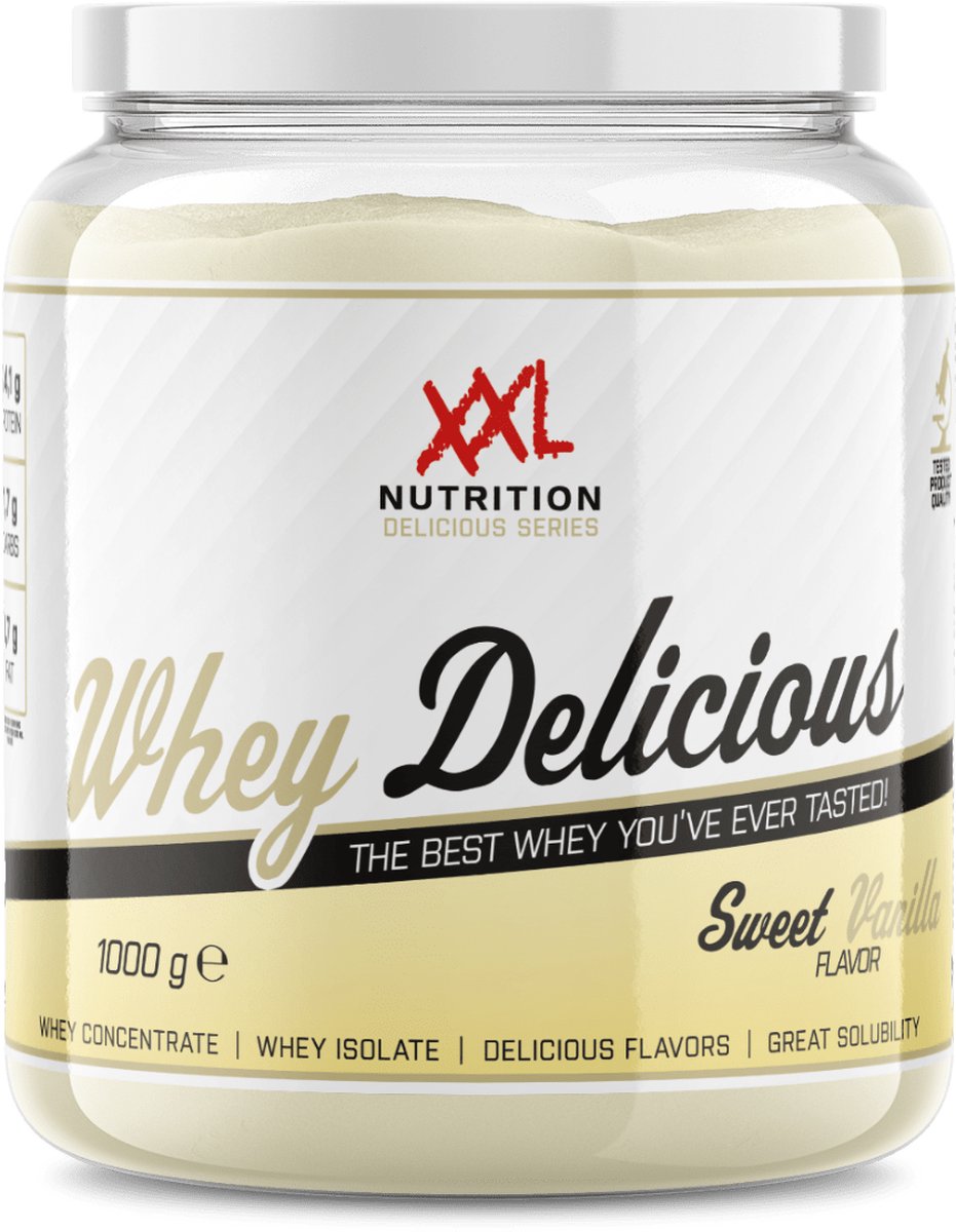 Goedkoopste XXL Nutrition - Whey Delicious - 80 Eiwit - Sweet Vanille - Wei Eiwitpoeder met BCAA & Glutamine, Proteine Poeder, Eiwit shake, Whey Protein - Diverse Smaken - 1000 gram (33 shakes
