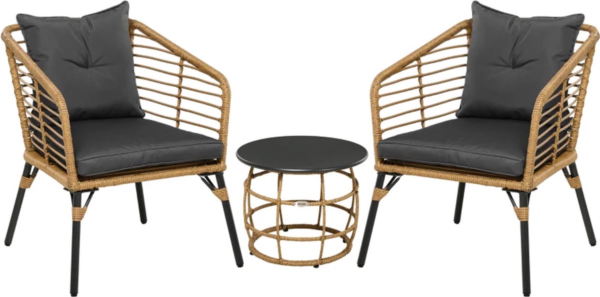 Bol.com Balkonset 2 personen - Tuinset - Bistroset - Zwart - 3 delig - Met kussens - Tuintafel en 2 stoelen - Gecoat staal - Ond... aanbieding